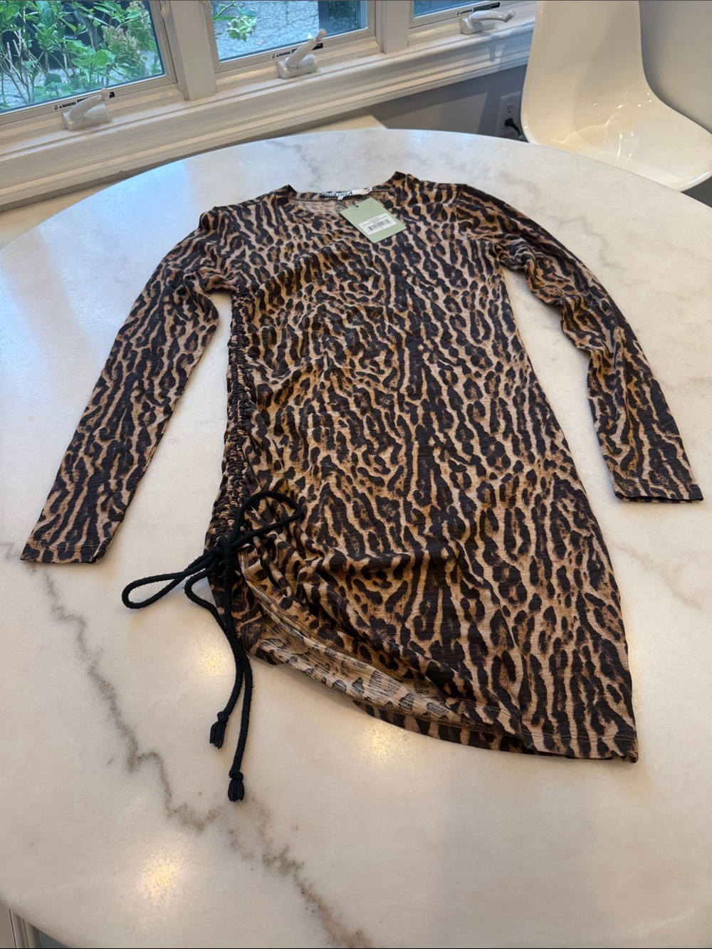 NWT Pam & Gela Brown and Black Leopard-Print Long Sleeve Side-Ruched Dress - Picture 3 of 6